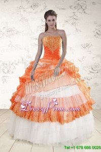 2015 Perfect Strapless Appliques and Beaded Quinceanera Dresses in Orange