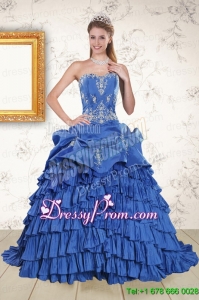 Modern Royal Blue Appliques and Pick Ups Quinceanera Dresses with Brush Train