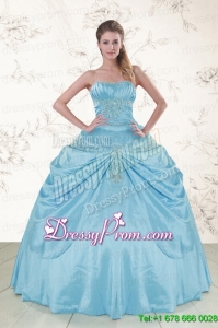 2015 Cheap Aqua Blue Strapless Sweet 15 Dress with Appliques