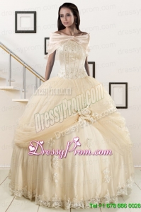 Cheap Appliques 2015 Champagne Quinceanera Dress with Wraps