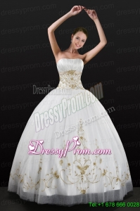 White Strapless 2015 Quinceanera Dress with Beading and Embroidery