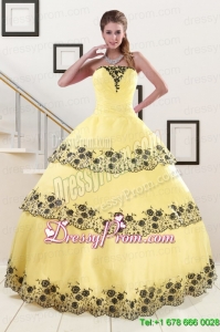 2015 Light Yellow Quinceanera Dress with Appliques and Ruffled Layers