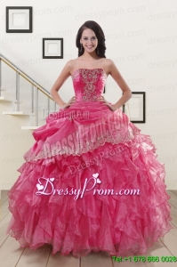 Appliques and Ruffles 2015 Hot Pink Quinceanera Gowns