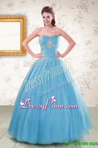 2015 New Style Strapless Beaded Quinceanera Dresses in Aqua Blue