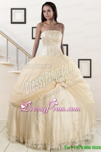 Modern Appliques and Hand Made Flower Champagne Quince Dresses