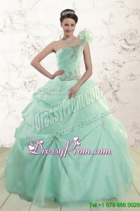 2015 Apple Green One Shoulder Perfect Quinceanera Dresses with Appliques