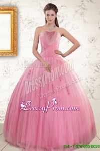 2015 Modern Pink Quinceaneras Dresses with Appliques and Beading