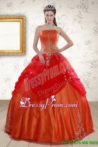 Modern Strapless Appliques Sweet 16 Dresses in Orange Red