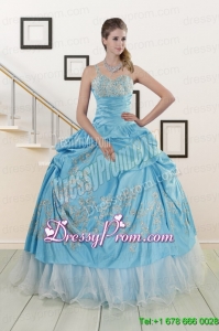 2015 Stylish One Shoulder Appliques and Beaded Quinceanera Dresses in Aqua Blue