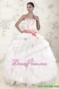 Pretty White Quinceanera Dresses with Pink Appliques and Ruffles