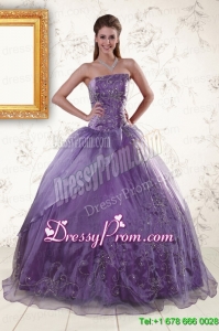 2015 Traditional Purple Strapless Appliques Quinceanera Dresses