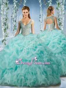 Beaded and Ruffled Aqua Blue Quinceanera Dress with Beaded Decorated Cap Sleeves