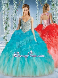 Beautiful Deep V Neck Big Puffy Quinceanera Dresses with Beaded Decorated Cap Sleeves