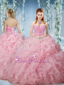 Lovely Baby Pink Brush Train Quinceanera Dresses Beaded and Ruffled