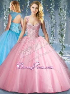 Lovely Pink Big Puffy Beaded Quinceanera Dress with Brush Train