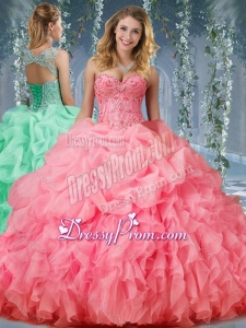 Luxurious Organza Big Puffy Watermelon Sweet 16 Quinceanera Dress with Beading and Ruffles