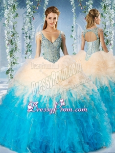 Modest Beaded Decorated Cap Sleeves Quinceanera Dress in Blue and Champagne