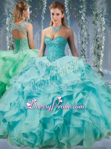 Classical Beaded and Applique Big Puffy Sweet 16 Quinceanera Dress in Aqua Blue