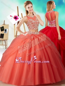 Two Piece See Through Beaded Quinceanera Dress in Orange Red
