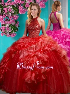 Gorgeous Beaded and Ruffled Quinceanera Dress with Halter Top