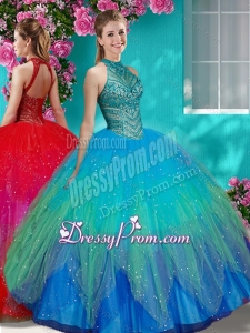 Luxurious See Through Halter Top Quinceanera Dress with Beading and Appliques