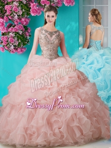 Brush Train Scoop Peach Quinceanera Dress with Beading and Ruffles