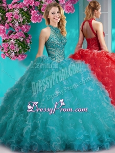 Cheap Halter Top Beaded and Ruffled Quinceanera Dresses with Puffy Skirt