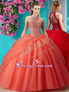 Elegant Halter Top Beaded and Applique Quinceanera Dress in Orange Red