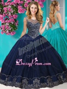 Fashionable See Through Scoop Quinceanera Dress with Beading and Appliques