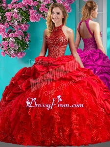 Feminine Halter Top Brush Train Quinceanera Dress with Beading and Ruffles