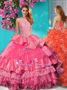Gorgeous Halter Top Brush Train Quinceanera Dresses with Beading and Ruffles Layers