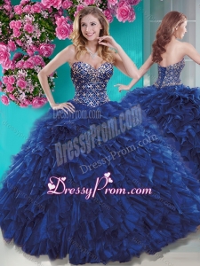 Luxurious Brush Train Blue Quinceanera Dress with Beading and Ruffles