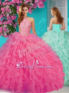Popular Halter Top Tulle Rose Pink Quinceanera Dress with Beading and Ruffles