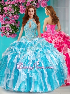 Classical Beaded and Ruffled Halter Top Quinceanera Dress in Baby Blue and White