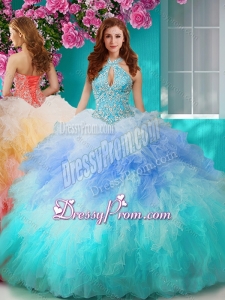 Exclusive Rainbow Halter Top Quinceanera Dress with Beading and Ruffles