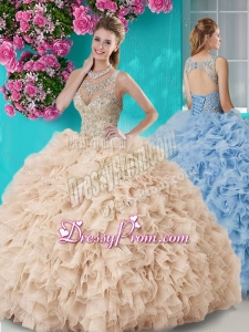 Gorgeous See Through Beaded Scoop Quinceanera Dresses in Champagne