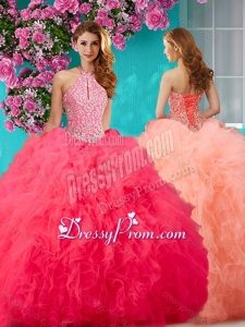 Romantic Beading and Ruffles Halter Top Quinceanera Dress with Puffy Skirt