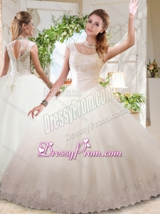 See Through Ball Gowns High Neck Lace Beaded Quinceanera Dress with Zipper Up