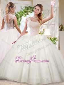 See Through White Ball Gowns High Neck Sequins Beaded Quinceanera Dress with Zipper Up