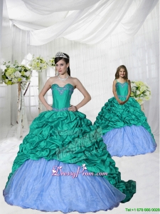 2015 Fashionable Appliques Brush Train Princesita Dress in Turquoise