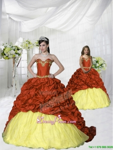 Pretty Appliques Red and Yellow Princesita Dress with Brush Train