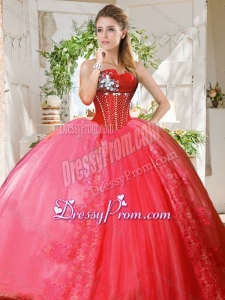 Romantic Puffy Skirt Beaded and Applique 2016 Quinceanera Dress in Coral Red
