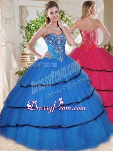 Wonderful Beaded and Ruffled Layers Blue 2016 Quinceanera Dress Gown in Organza
