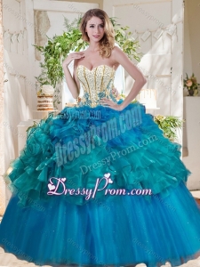 Elegant Beaded and Ruffled Really Puffy Beautiful Quinceanera Dress in Teal and Blue