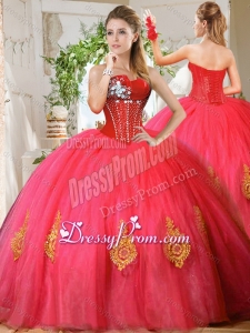 Romantic Beaded and Gold Applique Really Puffy Latest Quinceanera Dress in Red