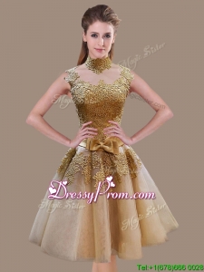 Elegant A Line High Neck Champagne Prom Dress with Appliques and Bowknot