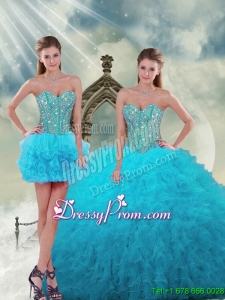 2015 Spring Detachable and Custom Made Beading and Ruffles Turquoise Dresses For Quince