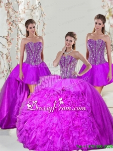 2015 Detachable and Elegant Beading and Ruffles Fuchsia Sweet 16 Dresses