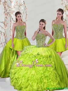 2015 Detachable and Fabulous Beading and Ruffles Yellow Green Dresses for Quince