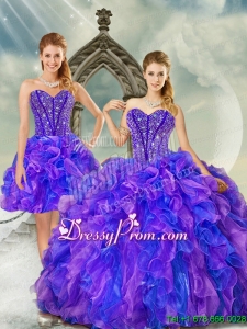 Detachable and Elegant Beading and Ruffles Quince Dresses in Purple and Blue for 2015